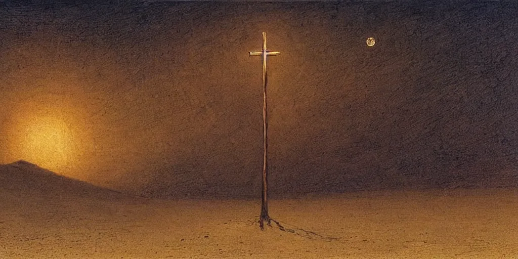 Image similar to A burning cross in the middle of the desert drawn by Caspar David Friedrich, dune, highly detailed, night, stars