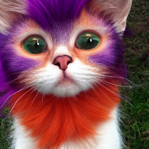 Image similar to orange cat, with his hair died purple to look like the cheshire cat, photo