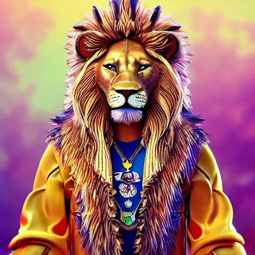 Image similar to scene of an anthropomorphic lion at a protest movement exquisite detail lion in hippie clothes, Streetwear, hippie fashion, protest movement, trending on artstation, bokeh, incredible detail, Graeme Base, 8k detail, gi, global illumination, physically based rendering, photoreal, small details, intricate complexity