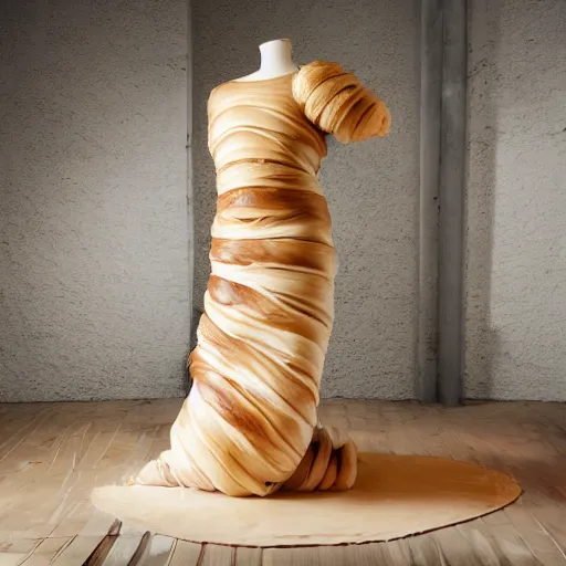 Image similar to a beautiful dress made out of a croissant, on a mannequin. high quality, high resolution, studio lighting
