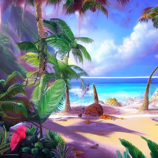 Image similar to tropical dream, oil on canvas, surrealism, highly detailed, masterpiece, award - winning, artstationhd