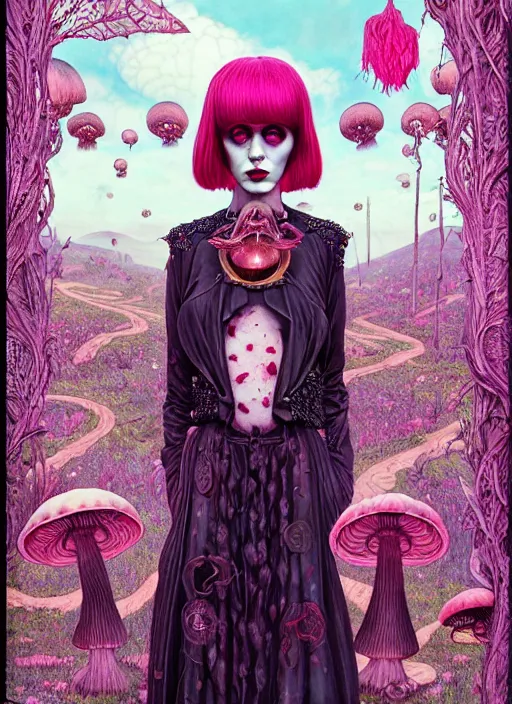 Prompt: pretty goth model with hallucination mushroom : : by martine johanna and simon stalenhag and chie yoshii and casey weldon and wlop : : ornate, dynamic, particulate, rich colors, intricate, elegant, highly detailed, vogue, harper's bazaar art, fashion magazine, smooth, sharp focus, 8 k, octane render,