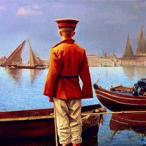 Image similar to painting of sailor boy hyperrealism vasily vereshchagin at harbor