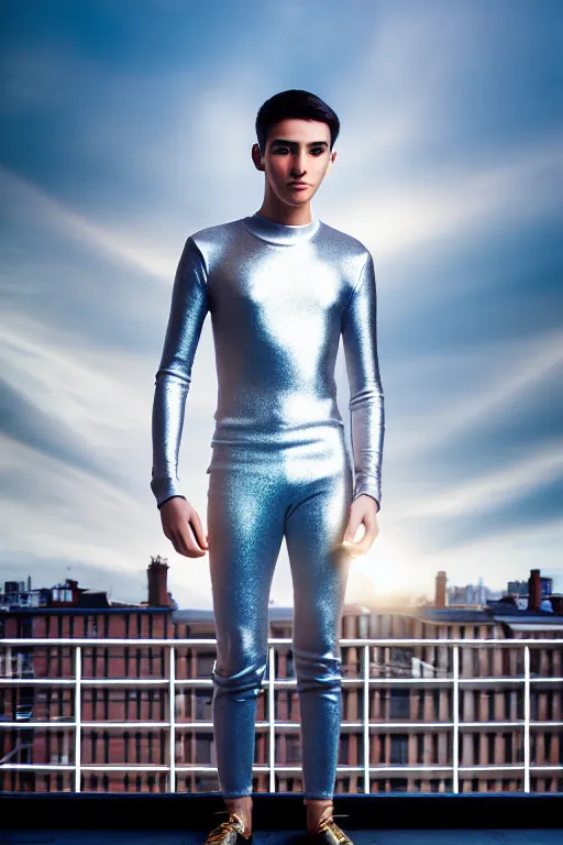 Image similar to un ultra high definition studio quality photographic art portrait of a young man standing on the rooftop of a british apartment building wearing soft padded silver pearlescent clothing. three point light. extremely detailed. golden ratio, ray tracing, volumetric light, shallow depth of field. set dressed.