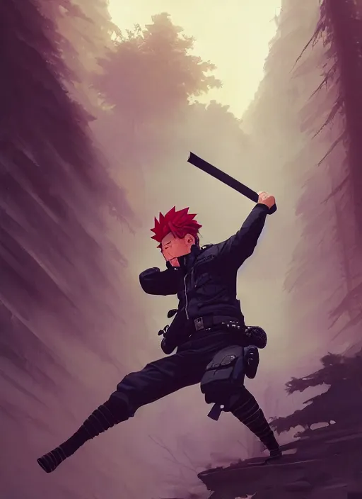 Image similar to highly detailed polish policeman fighting with katana wielding naruto uzumaki with black hair, fighting with polish policeman art by greg rutkowski, loish, rhads, ferdinand knab, makoto shinkai and lois van baarle, ilya kuvshinov, rossdraws, tom bagshaw, global illumination, radiant light, detailed and intricate environment