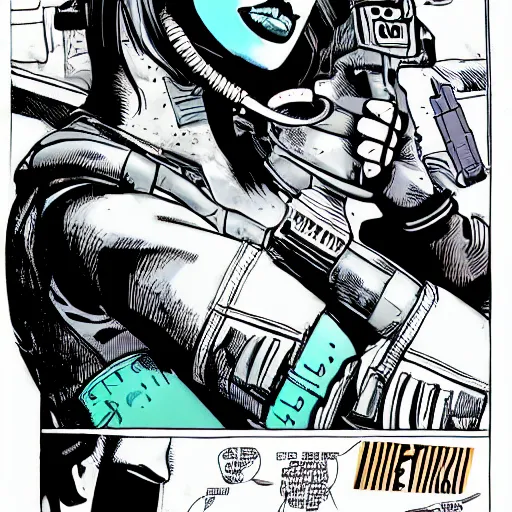 Image similar to cyberpunk military mafia woman with cybernetic arm, Rafael Albuquerque