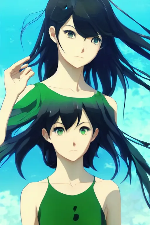 Image similar to makoto shinkai, artgerm, ilya kuvshinov, beautiful anime women with green dress, long blue hair, water powers water swirling, symmetrical face, symmetrical eyes, detailed, beach setting, cinematic lighting