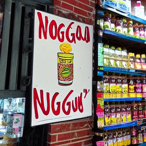 Prompt: bodega with sign saying “ bodega nugg ”