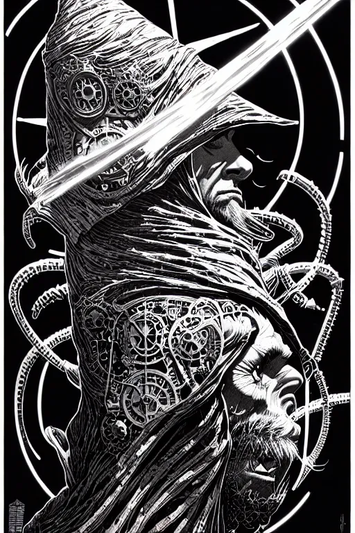 Prompt: side view of a cloaked ancient alchemist steampunk wizard casting a spell, high details, lineart, by vincent di fate and joe fenton,, inking, screen print, masterpiece, trending on artstation, sharp, high contrast, hyper - detailed, hd, 4 k, 8 k