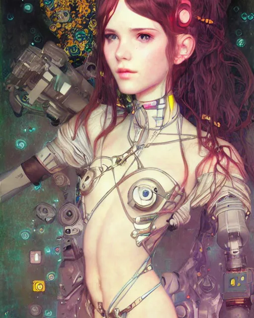 Image similar to portrait of cute beautiful young maiden, cyberpunk, Warhammer, highly detailed, artstation, illustration, art by Gustav Klimt and Range Murata