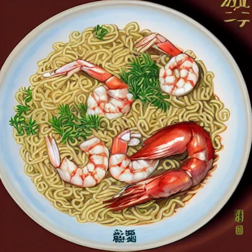 Prompt: illustration of noodles bowl with shrimps on makisu in traditional japan style, by makoto shinkai and takashi takeuchi