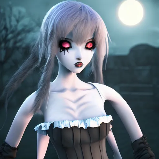 Prompt: full shot of angry darkness cute anime girl at moonlight, gothic wearing, inspired by Tim Burton, Norihiro Yagi, Amano, Juri Misaki, detailed, unreal engine 4k volumetric light, fog,