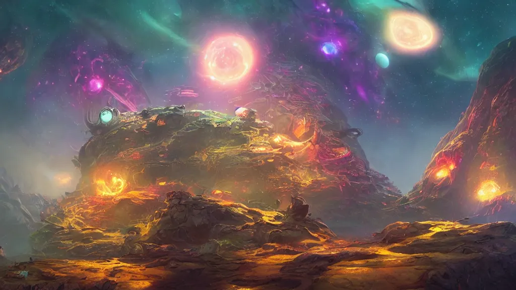 Prompt: Astronauts have a treasure with them, they take over the giant Cthulhu, they are over the ring of the gas planet, this is an extravagant planet with wacky wildlife and some mythical animals, the background is full of nebulas and planets, the ambient is vivid and colorful with a terrifying atmosphere, by Jordan Grimmer digital art, trending on Artstation,