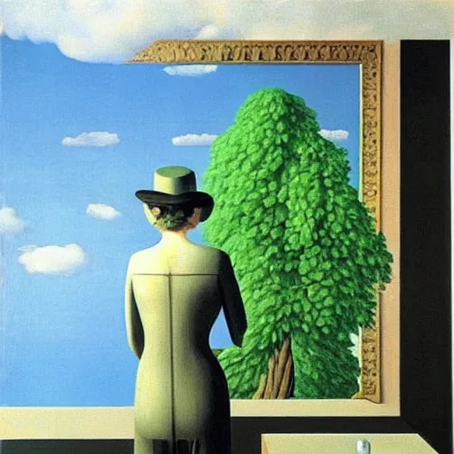 Prompt: “ painting, by magritte, of painting, by magritte, etc ”