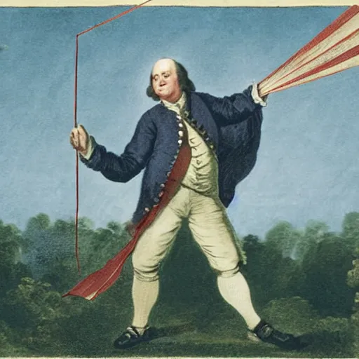 Image similar to color photograph of benjamin franklin riding on a kite