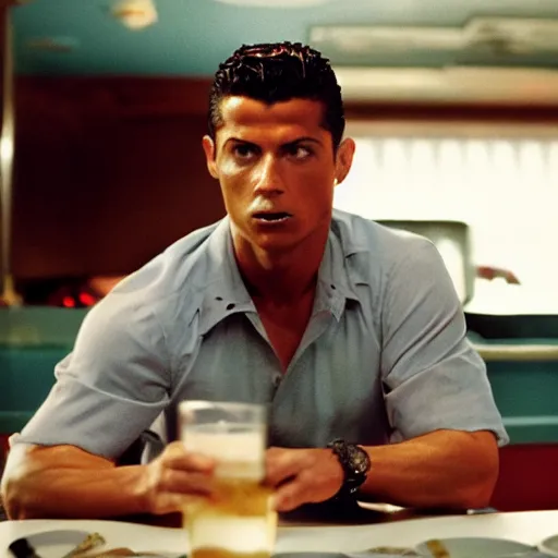 Prompt: movie still of the diner scene in the movie Heat, rendering of cristiano ronaldo as vincent hanna,