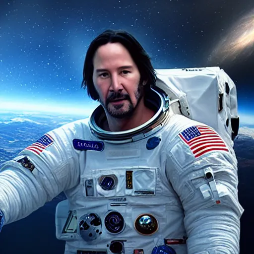 Prompt: keanu reeves in space with astronauts, instagram photo, full hd, 8 k, unreal engine, octane render, hyper detailed, hyper realistic, photorealistic, vfx, houdini, full body