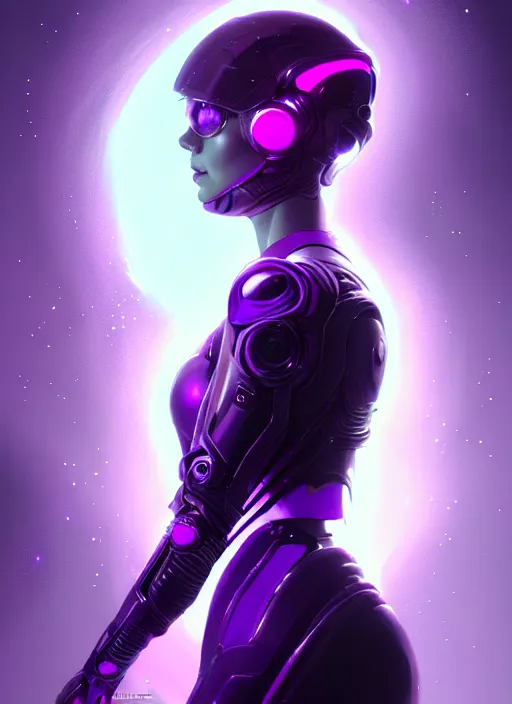 Image similar to portrait of futuristic sci - fi suit lady voidstar, purple, glowing purple energy, intricate, elegant, glowing lights, highly detailed, digital painting, artstation, concept art, smooth, sharp focus, illustration, art by wlop, mars ravelo and greg rutkowski