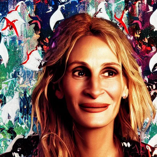 Prompt: !dream portrait of Julia Roberts looking like Andy Warhol wearing a silver coat. Background has many dancing colorfull seagulls flying around, hypermaximalistic, high details, cinematic, 8k resolution, beautiful detailed, insanely intricate details, artstation trending, octane render, unreal engine