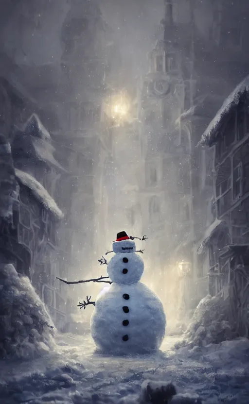 Image similar to a a full body portrait of giant jack frost the snowman in the middle of a village in the snow, dynamic lighting, photorealistic fantasy concept art, trending on art station, stunning visuals, creative, cinematic, ultra detailed