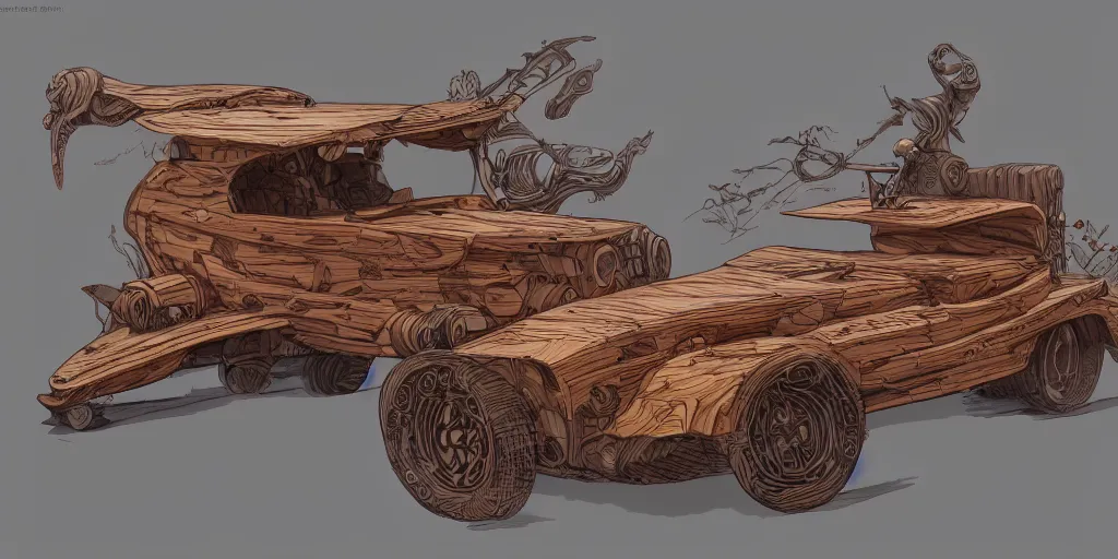 Prompt: wooden vehicle design, design sheet, Moebius, Greg Rutkowski, Zabrocki, Karlkka, Jayison Devadas, Phuoc Quan, trending on Artstation, 8K, ultra wide angle, zenith view, pincushion lens effect.