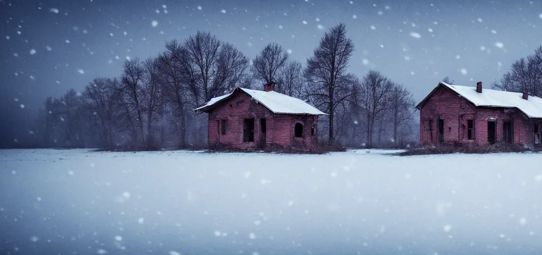 Prompt: landscape, soviet military, abandoned, lifeless, house near forest, dark, winter evening, snowing, strong, blizzard, atmospheric, mystical, very detailed 4 k
