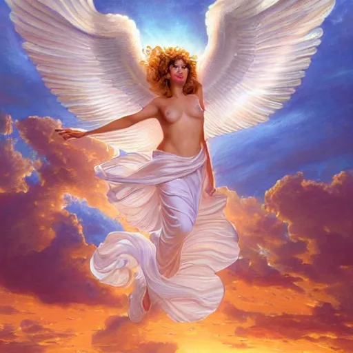 Image similar to a photo of a beautiful alluring female angel in the clouds, detailed, centered, digital painting, artstation, concept art, donato giancola, Joseph Christian Leyendecker, WLOP, Boris Vallejo, Annie Leibovitz and Steve McCurry, David Lazar, Jimmy Nelsson, Breathtaking, 8k resolution, extremely detailed, beautiful, establishing shot, artistic, hyperrealistic, beautiful face, octane render