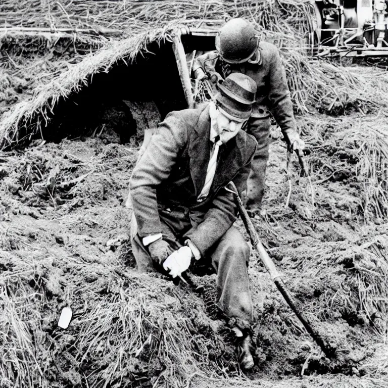 Image similar to badger from wind in the willows, in 1940s suit digging at the sutton hoo ship burial, rendered as a black & white photo