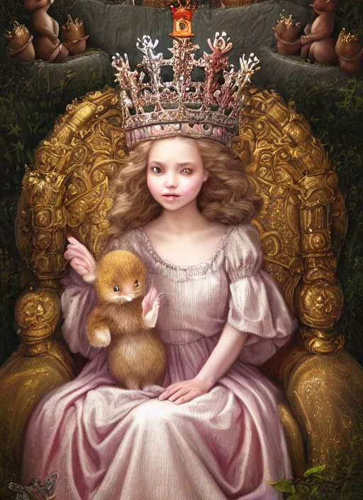 Image similar to highly detailed closeup portrait of a fairytale medieval princess wearing a crown and sitting on a throne, surrounded by cute bunnies, unreal engine, nicoletta ceccoli, mark ryden, earl norem, lostfish, global illumination, god rays, detailed and intricate environment