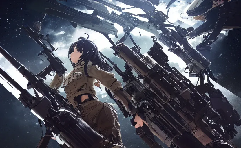 Image similar to highly detailed, high resolution, character design art, stunning, volumetric lightning, realistic guns, girls frontline style, matte, sharp focus, intricate, 150mm, illustration, artstation, by kuvshinov ilya, realistic human anatomy, simple design, realistic military gear, from royal space force the wings of honnêamise movie