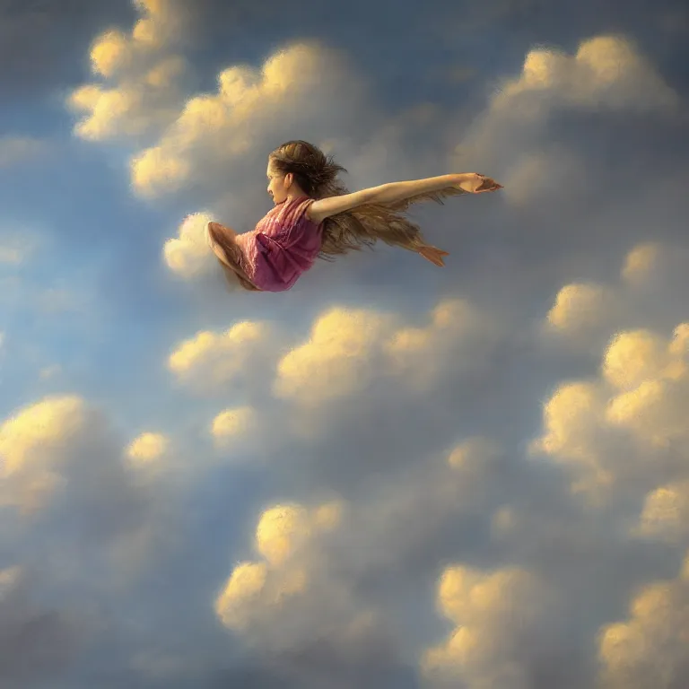 Prompt: a beautiful detailed painting of a human flying in the sky as in a dream, around fluffy airy soft clouds that sparkle and glow with different lights and also foam like soap bubbles, highly detailed, 8 k resolution, hdr, photorealistic