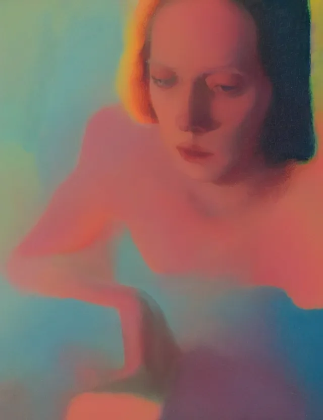 Image similar to woman in a tv screen, blue rays from tv, redshift, wide shot, coloured polaroid photograph, pastel, kodak film, hyper real, stunning moody cinematography, by maripol, fallen angels by wong kar - wai, style of suspiria and neon demon, david hockney, detailed, oil on canvas