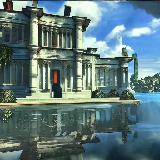 Prompt: video game set inside a beautiful futuristic but classy mansion, mirror's edge + no more heroes, clean, views to the ocean