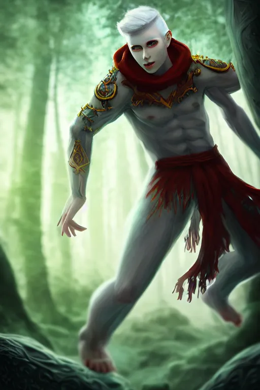 Prompt: a human elemental sorcerer, forest setting, colorful magic, male, white skin, young, sharp focus, concept art, dynamic lighting, unreal engine, by jeffchendesigns