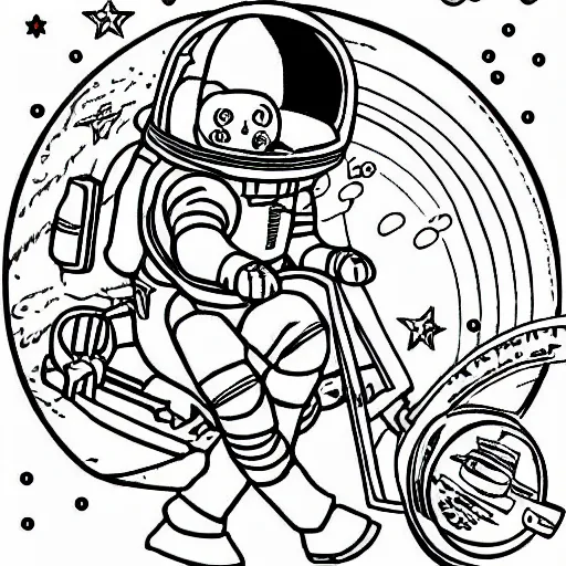 Prompt: Coloring page of an astronaut tabby cat riding a horse, visiting Saturn, surrounded by bubbles