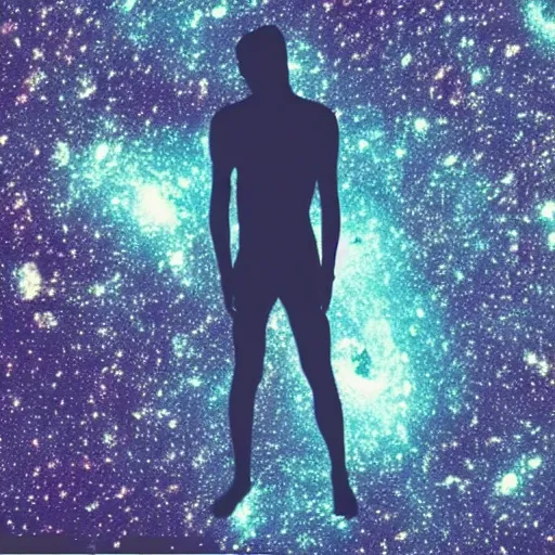 Image similar to “man floating made out of stars and galaxies in the dark”