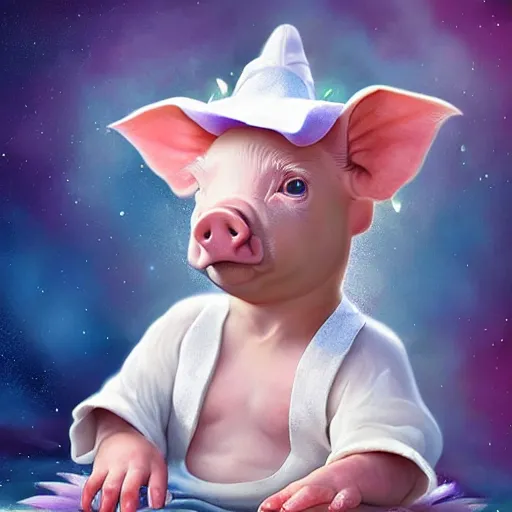 Image similar to epic professional digital airbrushed portrait art of a cute baby piglet dressed as a magician,, best on artstation, cgsociety, wlop, Behance, pixiv, cosmic, epic, stunning, gorgeous,, masterpiece by Dorian Cleavanger and Stanley Lau,