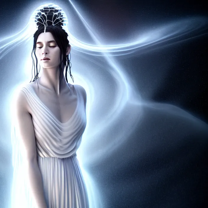 Prompt: a beautiful female goddess portrait, in a flowing white gown, entwined by light frequencies and wiring, octane render, floating in the universe, surrounded by stars and black holes, darkly surreal, light shining through, hyper - realistic, highly detailed, sharp focus, smooth, intricate