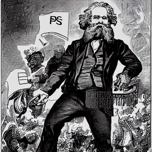 Prompt: Karl Marx defeating capitalism with psi-powers, 8K