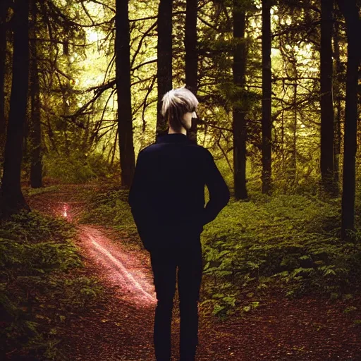 Prompt: kodak portra 4 0 0 photograph of a skinny blonde guy standing in dark forest on a glowing path, back view, flower crown, moody lighting, telephoto, 9 0 s vibe, blurry background, vaporwave colors, faded!,