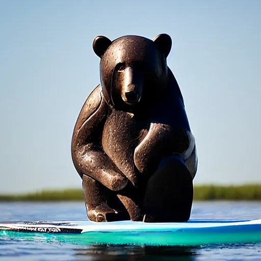 Image similar to bear on a sup, paddleboard, in the style of soapstone carving, in the inuit style,