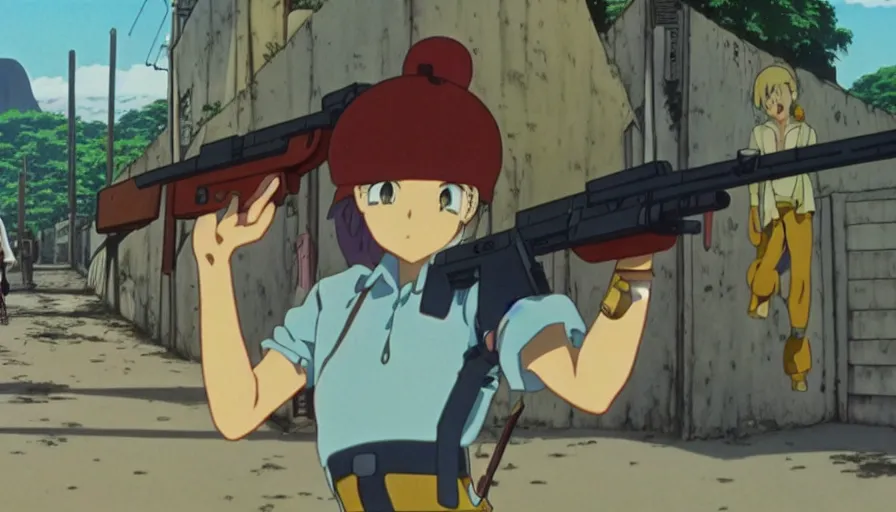 Prompt: 1 9 8 6 anime screencap of a girl with a gun on a rio de janeiro anime, by hayao miyazaki, studio ghibli, beautiful favela background extremely high quality artwork 4 k