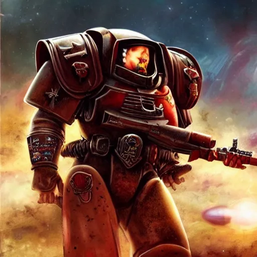 Prompt: a beautiful highly detailed matte painting of Warhammer 40k Space Marine Blood Ravens soldier standing next to a spaceship