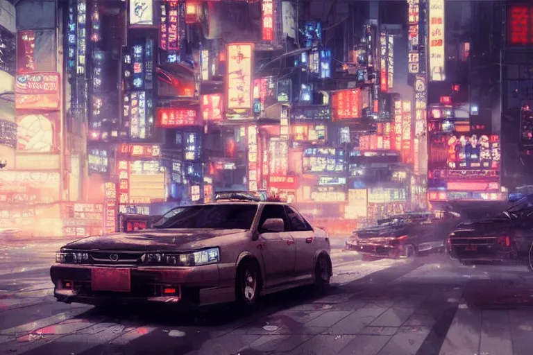 Prompt: akira cyberpunk toyota chaser speeding through tokyo at night by greg rutkowski makoto shinkai takashi takeuchi studio ghibli, akihiko yoshida