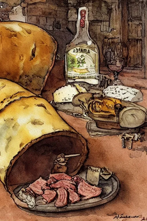 Image similar to pork, meat, schnapps, cheese, candle on a barrel in a cellar, watercolor painting by anderz zorn and carl larsson