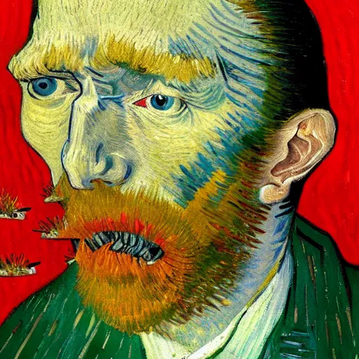 Prompt: van gogh painting of a man with insects in his eyes, bloody face, ugly teeth