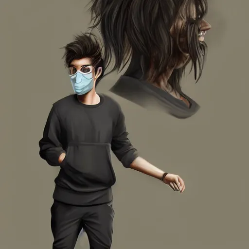Prompt: professional digital art of a young adult man with slightly long hair wearing a black face mask and an oversized dark sweatshirt and dark sweatpants, high quality, HD, 8K, highly detailed, award-winning, sci-fi, fantasy, movie, concept