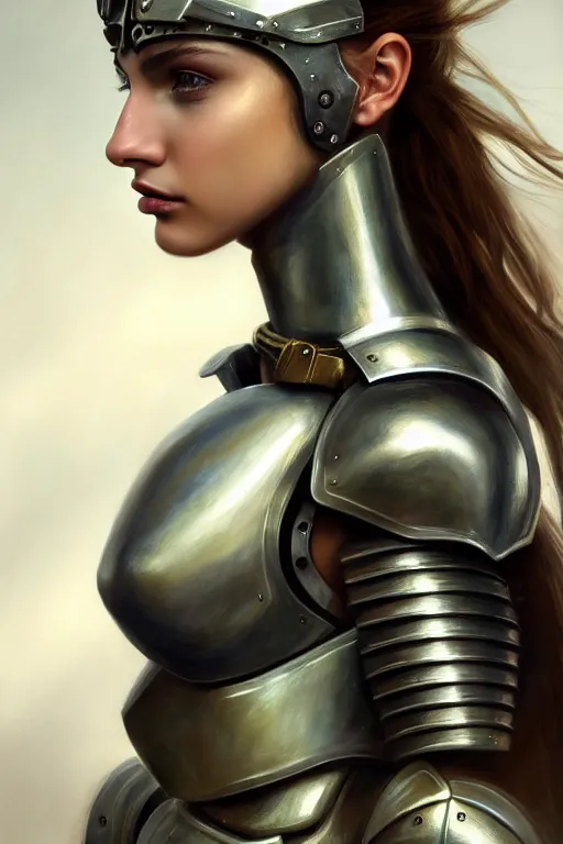 Image similar to a photorealistic painted portrait of an attractive young girl, partially clothed in dull metal-plated battle armor, olive skin, long dark hair, flawless skin, beautiful bone structure, symmetric facial features, perfect photorealistic eyes, natural physique, intricate, elegant, digital painting, concept art, finely detailed, beautifully illustrated, sharp focus, minimal artifacts, from Metal Gear, by Ruan Jia and Mandy Jurgens and Artgerm, in the style of Greg Rutkowski, trending on Artstation, award winning art