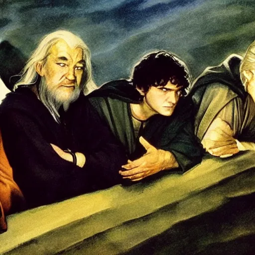 Image similar to the fellowship of the ring, gandalf, frodo, aragorn, legolas, by edward hopper