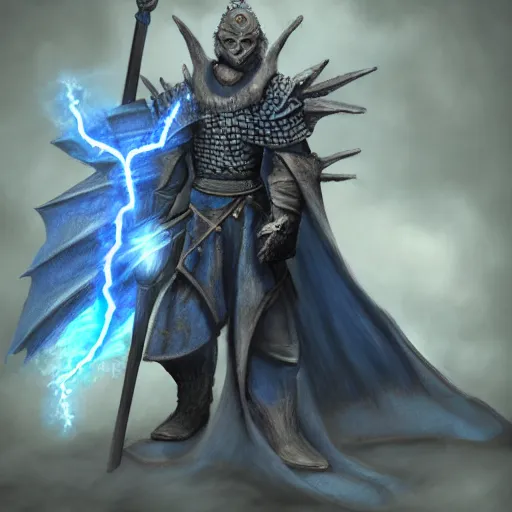 Prompt: photorealistic blue dragonborn cleric of a storm god, dungeons and dragons, lightning, tempest shield, holy